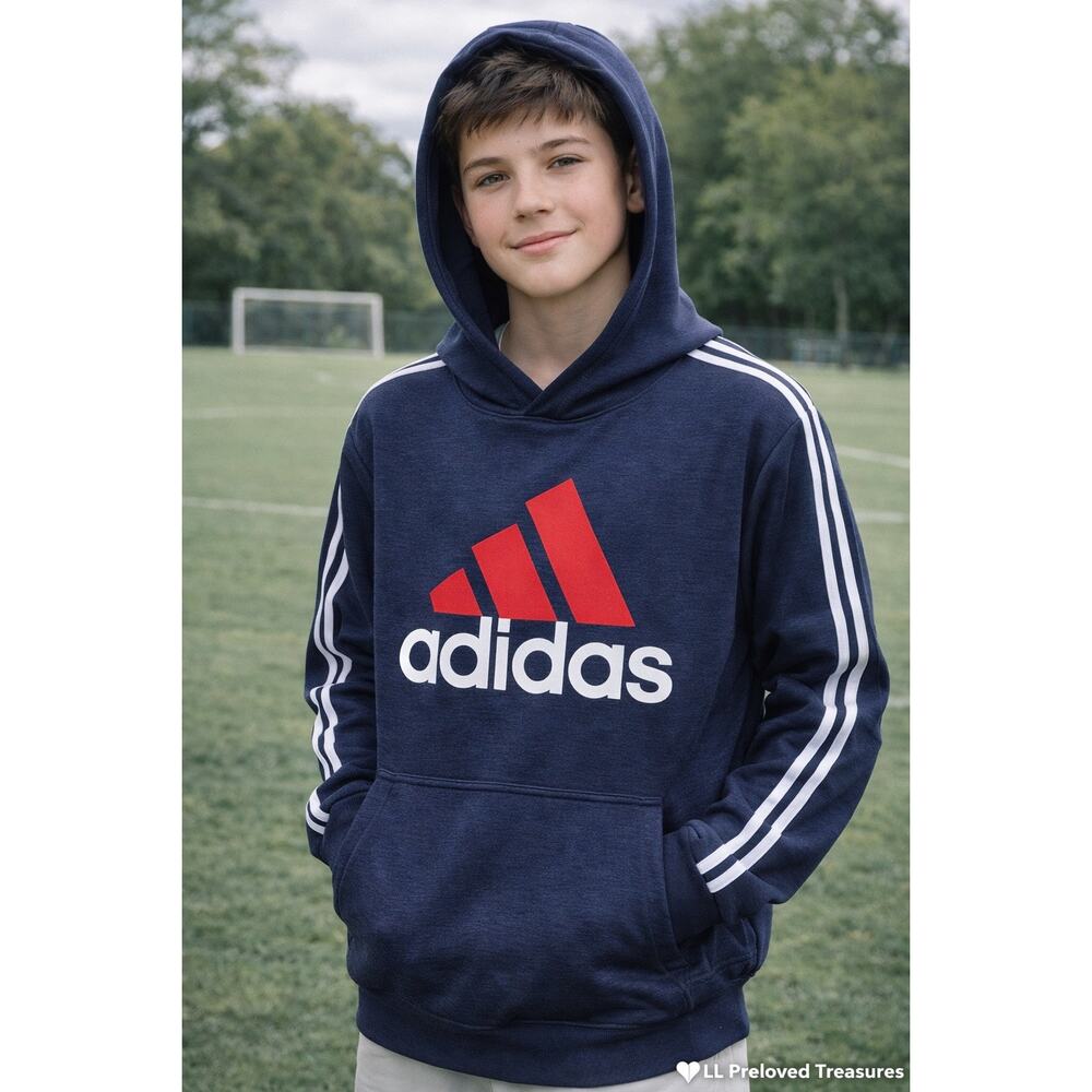 Adidas‎ Youth XL Navy Hoodie Big Logo Pullover 3 Stripe Fleece Sweatshirt